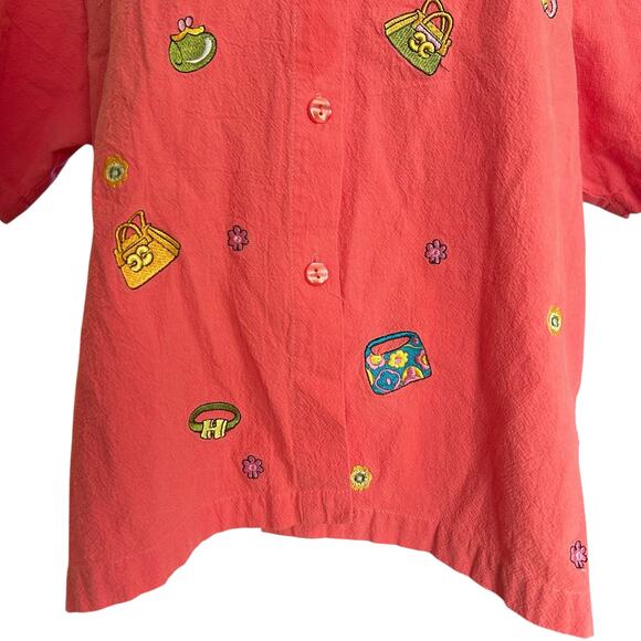 Vintage Coral Pink Embroidered Button-Up Shirt Whimsical Cotton Top Sz Large - Picture 9 of 14